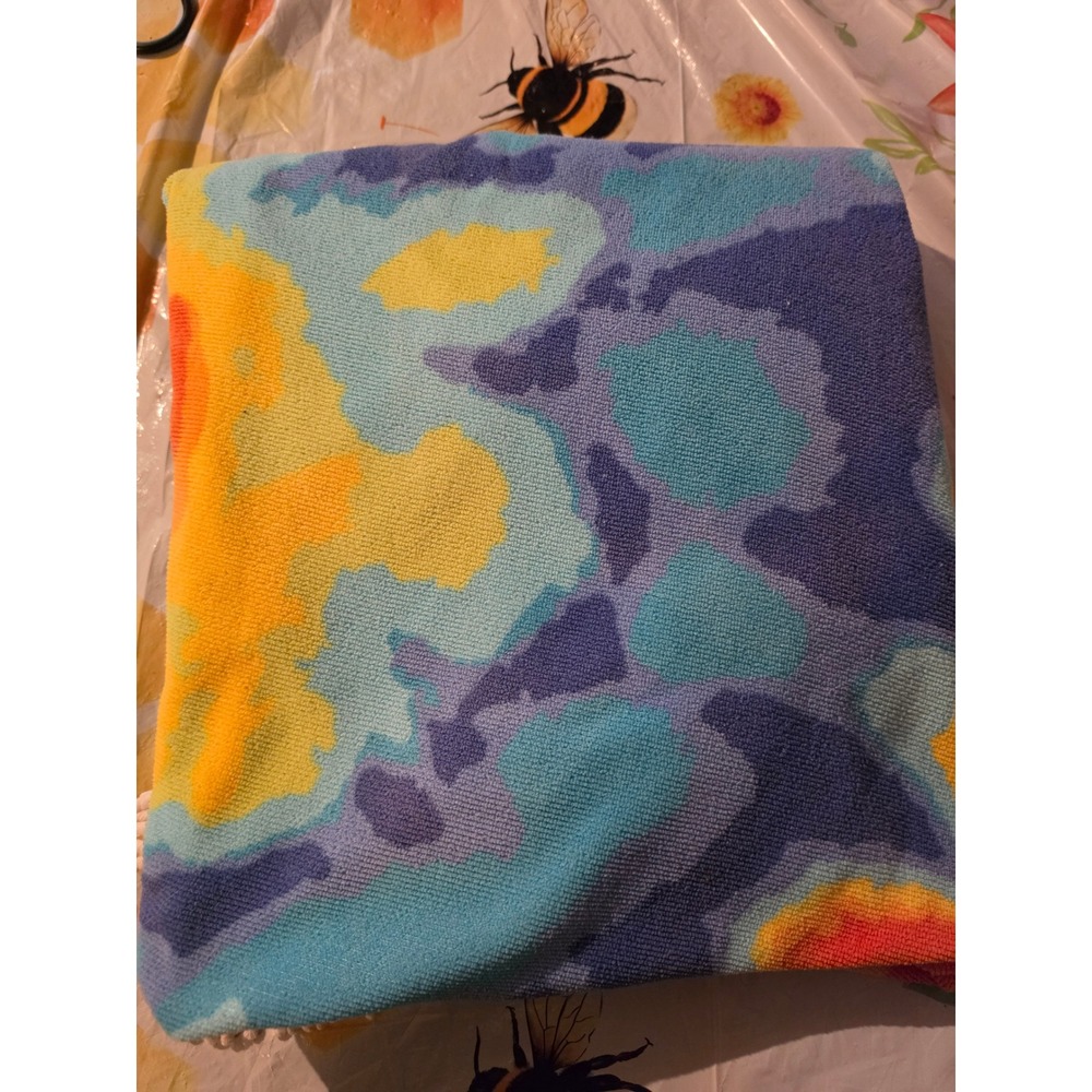 Round Abstract Tie Dye Beach Towel Blue Orange Yellow Tassel Fringe 60 Inch
